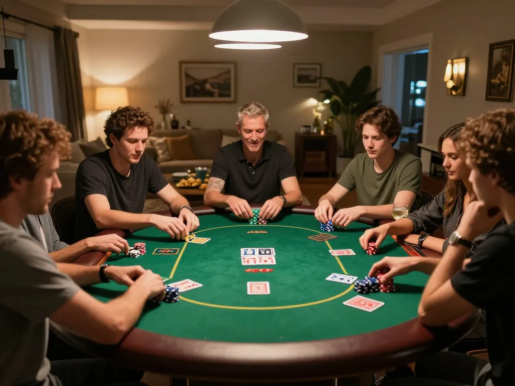 Playing nsfw games with friends at a cozy home poker night, showcasing intense gameplay and colorful chips.