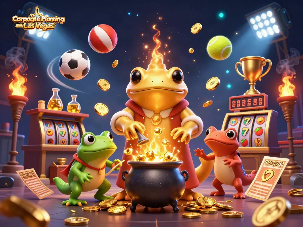 Engage in Corporate Event Planning Las Vegas with a dynamic scene of a golden salamander alchemist amidst casino elements.