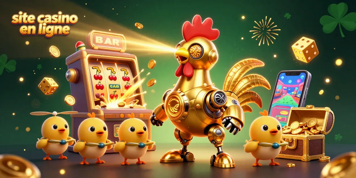 Admirez ce site casino en ligne avec un robot coq futuriste et des symboles de jackpot en action.