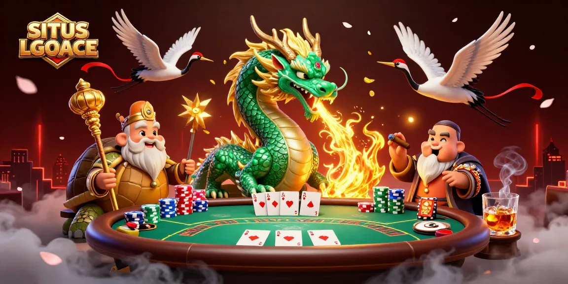 SITUS LGOACE showcases an epic dragon, poker table, and mystical elements in a vibrant 3D scene.
