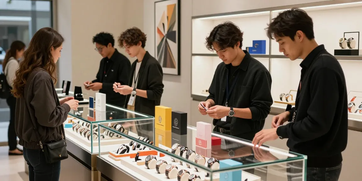 Stylish shopper examining high-quality 시계 레플리카 in urban luxury retail setting