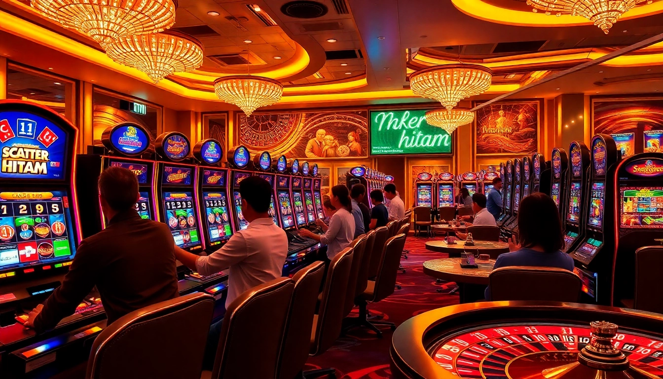 Experience the thrill of scatter hitam at glamorous casino slot machines, portraying excitement and winning potential.