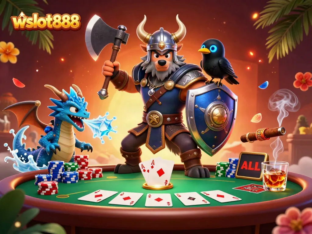 Menggandakan kemenangan dengan wslot888, ilustrasi Viking, naga, dan burung gagak di kasino.