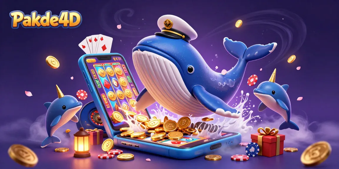 Experience the thrill of Pakde4D with a vibrant 3D scene featuring a whale, narwhal, and dolphins amidst casino elements.
