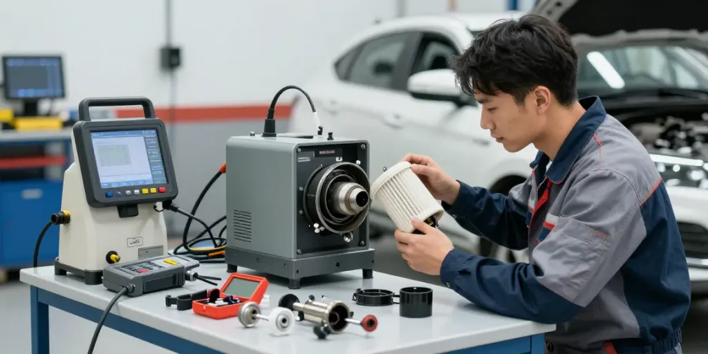 Professionelle DPF Reinigung Hannover mit Techniker bei der Inspektion eines gereinigten Dieselpartikelfilters in einer Werkstatt.