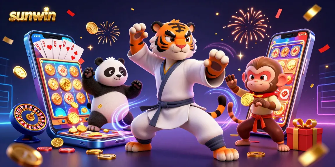 Win big with sunwin in this vibrant 3D casino scene featuring exciting game elements and characters.