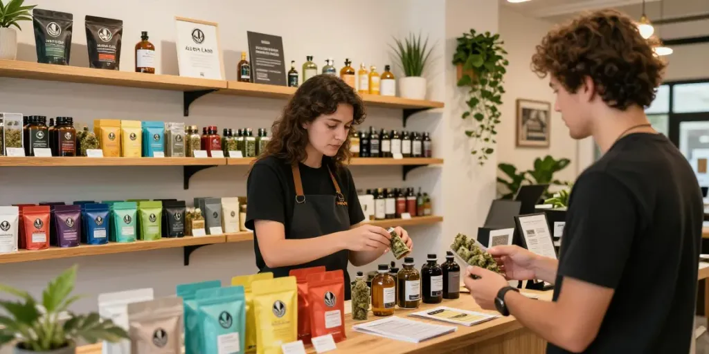 Alien Labs cured resin products displayed in a stylish cannabis shop with warm lighting.