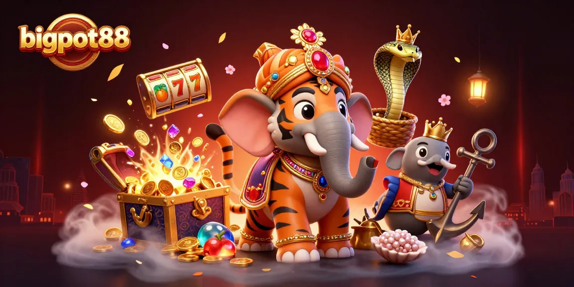 Experience the thrill of bigpot88 with a vibrant 3D illustration of an elephant, tiger, and slot reels.