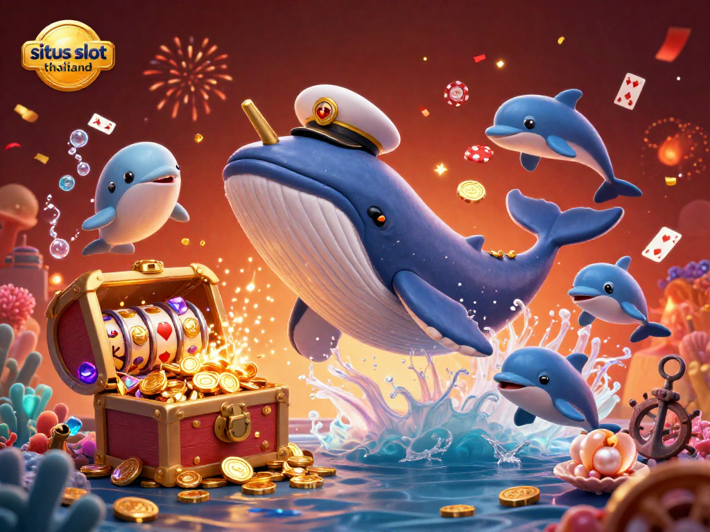 Experience thrilling slots with situs slot thailand featuring cartoon whale and poker dolphins.