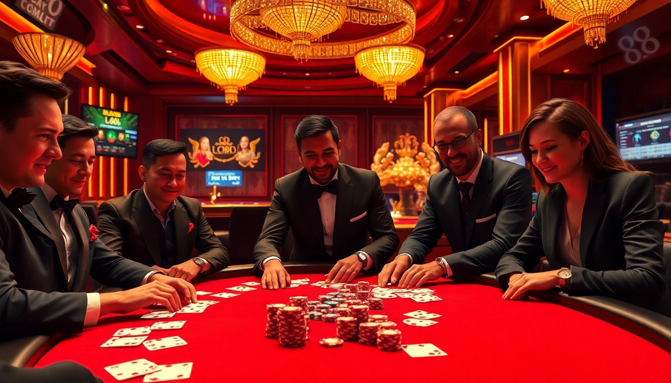 Players engaged in an exciting poker game featuring LC88 branding in a luxurious casino setting.