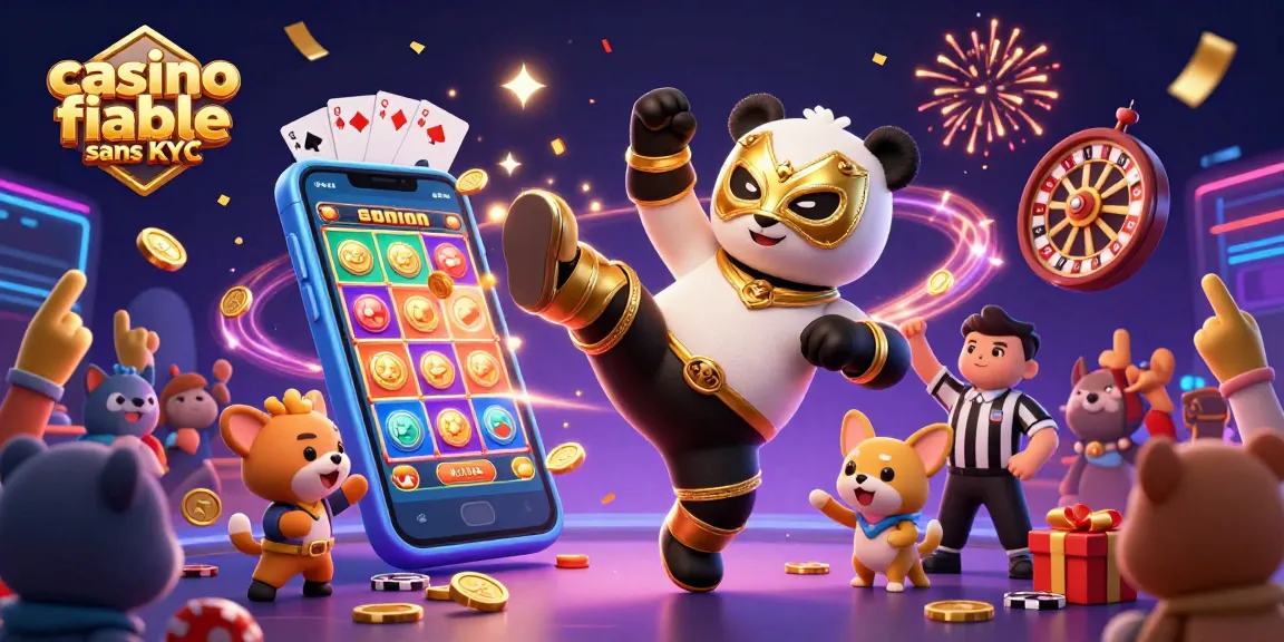 Image de casino fiable sans KYC, illustrant un panda lutteur et des animaux célébrant avec des jeux de casino.