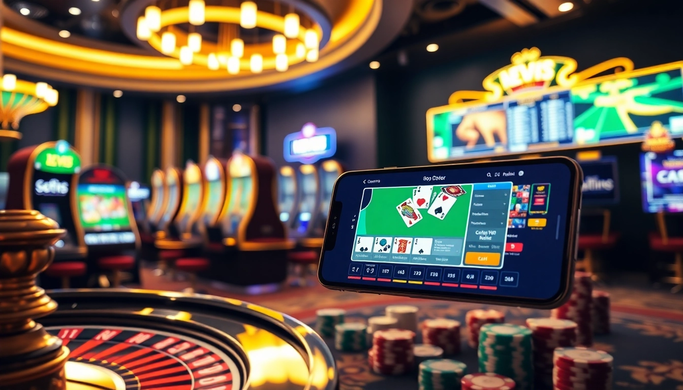 NEW88 players enjoying a thrilling casino experience with slot machines and poker chips.