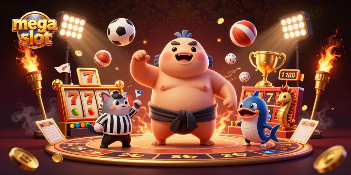 Menangkan mega slot dengan ilustrasi 3D yang menampilkan fugu sumo di arena, dikelilingi elemen slot dan trofi emas.