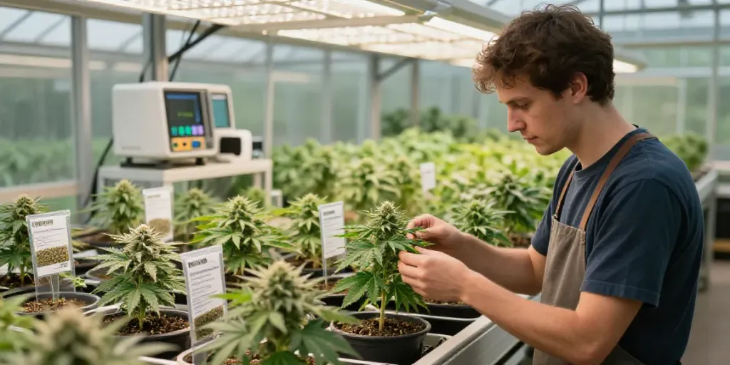 Cannabissamen kaufen with a grower inspecting cannabis seedlings in a modern greenhouse.