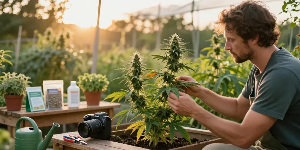 Cannabissamen kaufen in einem wunderschönen Garten, wo kräftige Pflanzen wachsen und sorgfältig gepflegt werden.