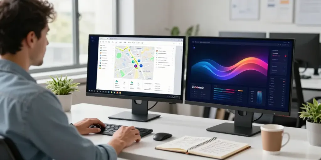 Data analyst using Google Maps scraping tool by Outscraper in a modern office.