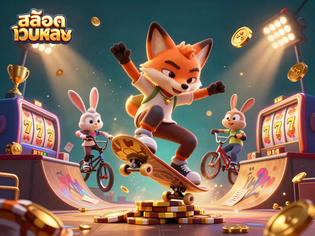 Engage in excitement with สล็อตเว็บตรง as a skateboarder fox kicks off a golden poker chip ramp alongside a BMX rabbit.