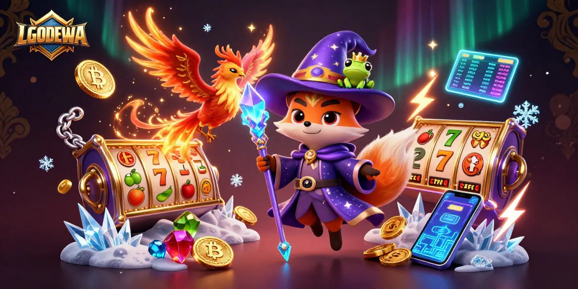 Spin the reels for fortunes at LGODEWA with a vibrant scene of mystical characters and jackpot excitement.