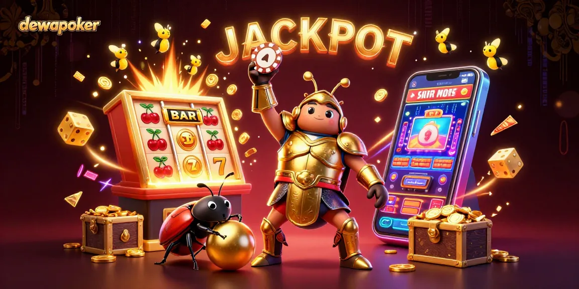Dewapoker features a victorious beetle lifting a poker chip amidst a dynamic casino scene filled with jackpots and game elements.