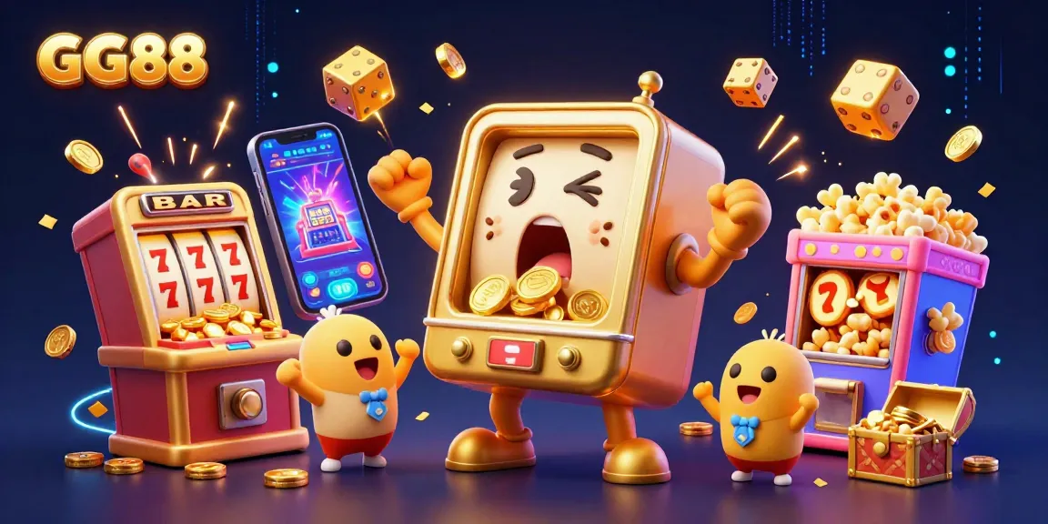 GG88 slot machine hitting jackpot amidst coins and fun elements in vibrant, animated casino scene.