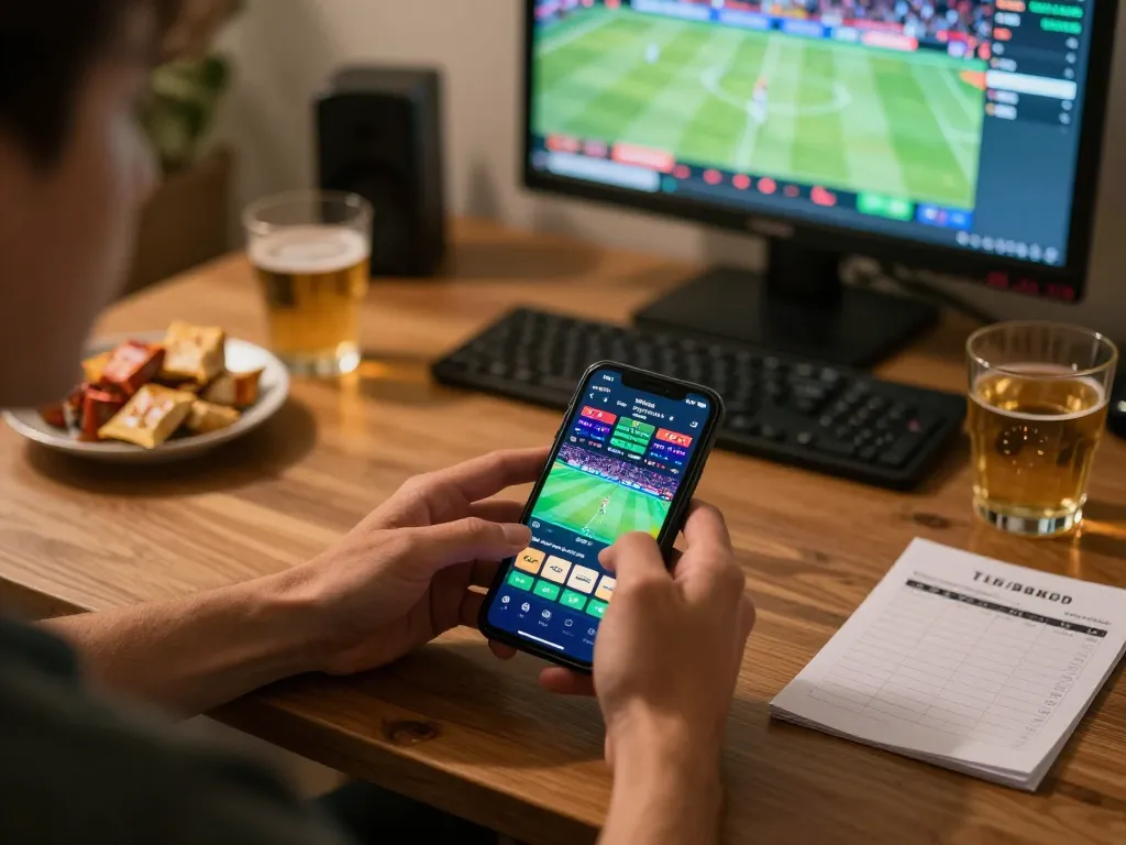 Exciting mobile sports betting moment with 77789vip app in a cozy home setting, highlighting responsible gaming