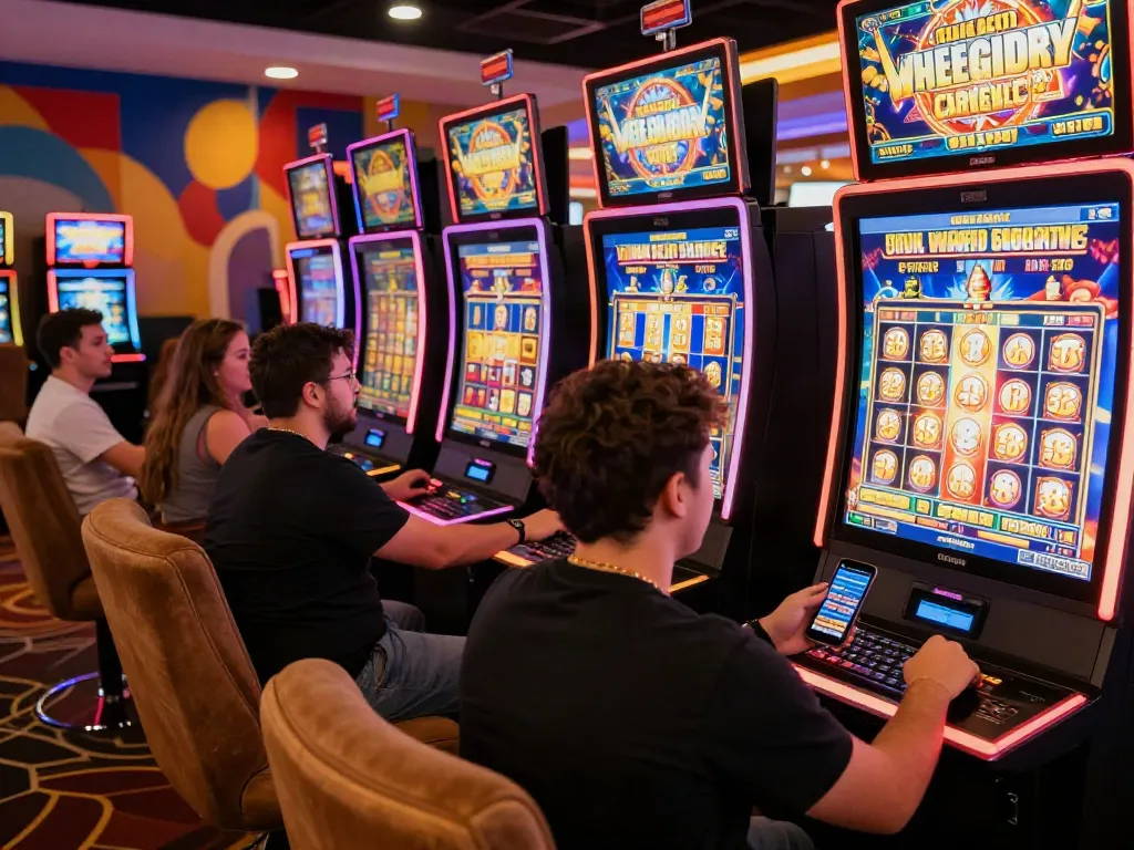 Exciting slot gacor hari ini gaming scene with diverse players celebrating wins and engaging with dynamic slot machines.