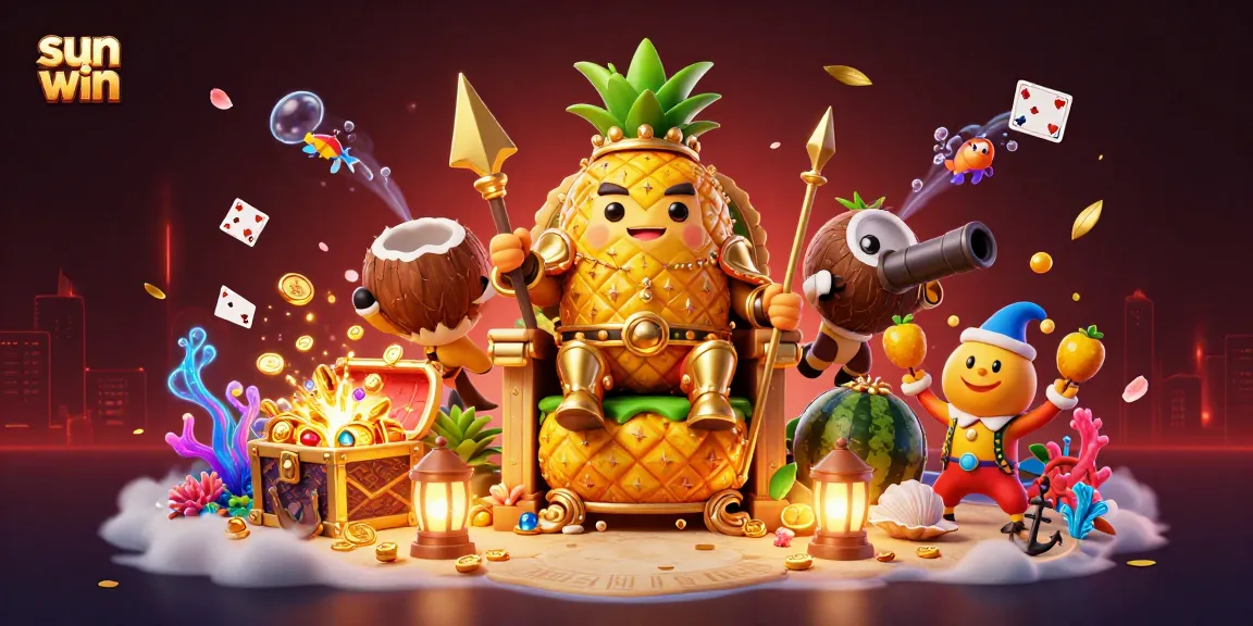 Engage in thrilling gameplay with sun win, featuring a golden pineapple king and dynamic casino elements.