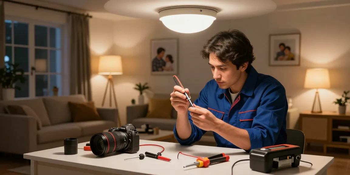 Electrician fixing a light fixture at night; read more here for reliable electrical support.