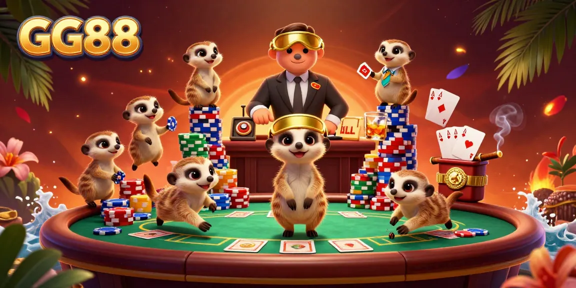 Experience the excitement of GG88 with a lively casino operation by meerkats in a vibrant 3D scene.