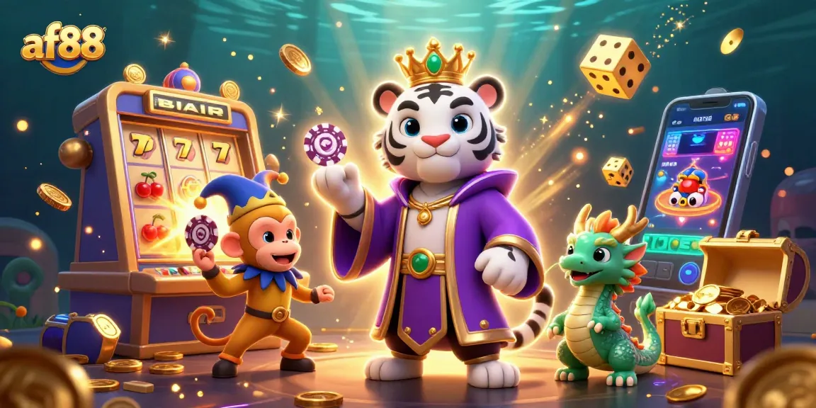 Join the excitement at af88 with a lively 3D casino scene featuring a slot machine and casino characters.