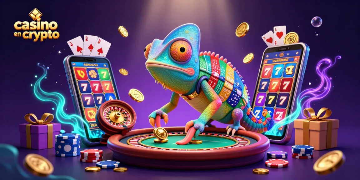 Jouez dans un casino en crypto, explorant un univers coloré avec un caméléon au centre.
