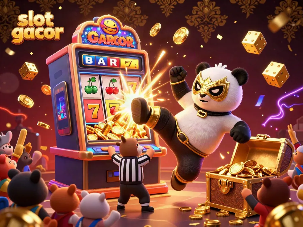 Slot gacor dipenuhi dengan elemen kasino, panda pegulat terbang dan suporter hewan kecil merayakan kemenangan.