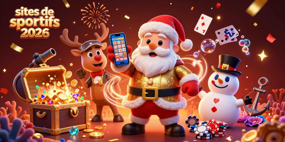 Une illustration 3D festive avec un Santa Claus et ses amis, présentant les sites de paris sportifs 2026.