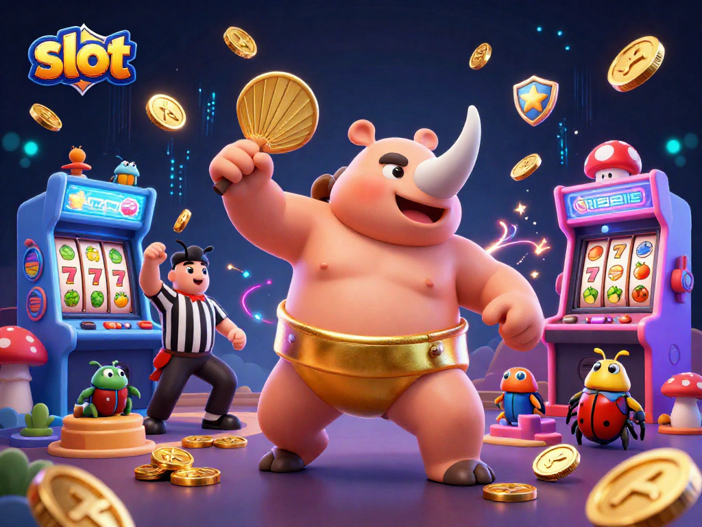 Spin the slot reels with a lively rhinoceros beetle champion in a dynamic casino scene.