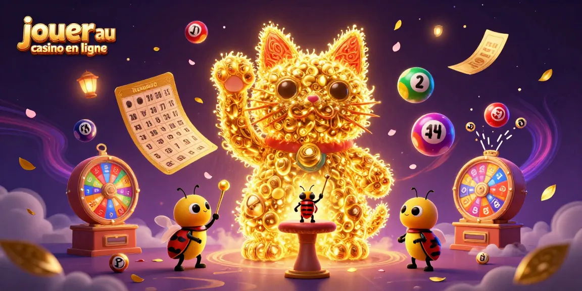 Jouer au casino en ligne avec des feux follets dorés et des éléments de loterie colorés dans une illustration magique.