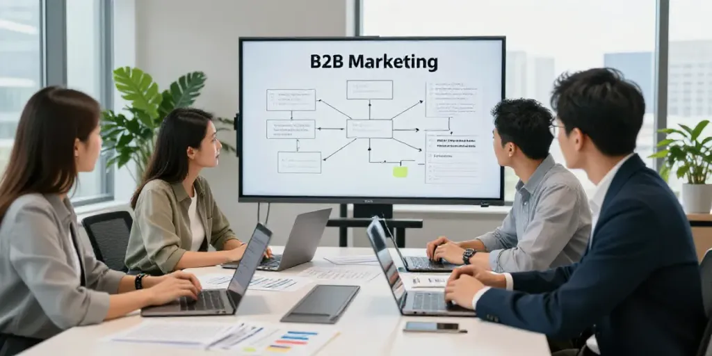 Team collaborating in B2B marketing office on AI copywriting for B2B marketers strategy