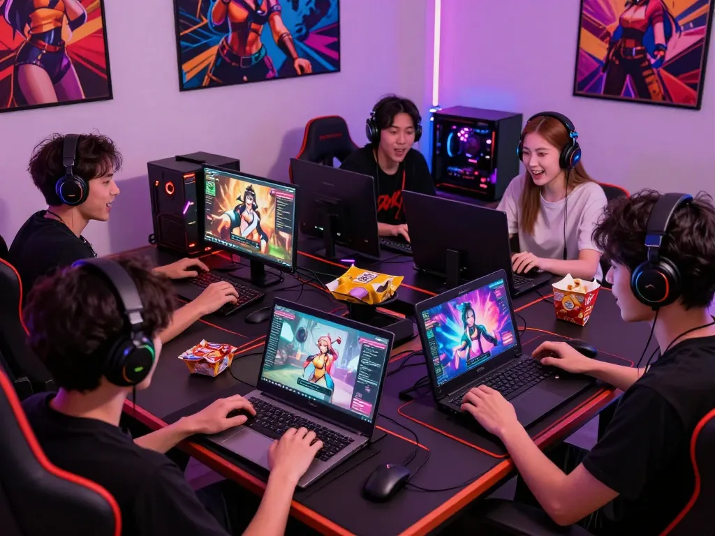 Engaged players exploring sex games online on various devices in a vibrant gaming setup.