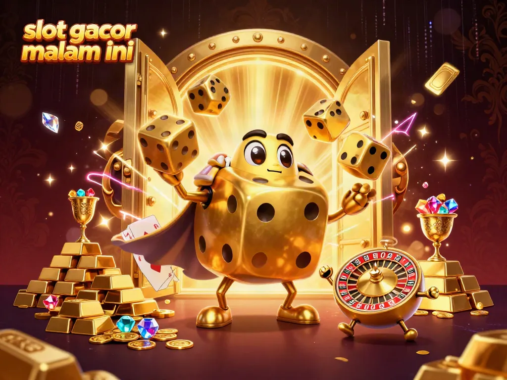 Visualisasi slot gacor malam ini dengan dadu emas raksasa dan elemen kasino mengesankan.