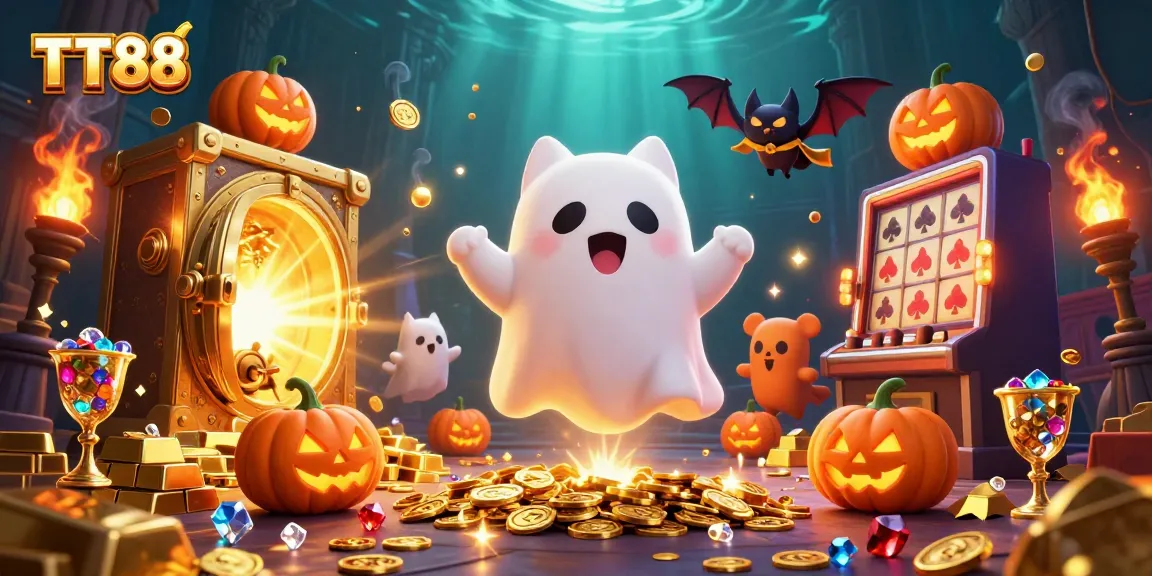 Engaging TT88 scene with a ghost cat and a bat in a haunted casino full of treasures.