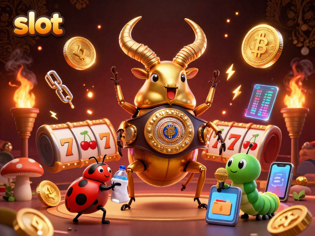 Engage with the lively slot scene featuring a golden stag beetle champion, showcasing vibrant slot reels and crypto elements.