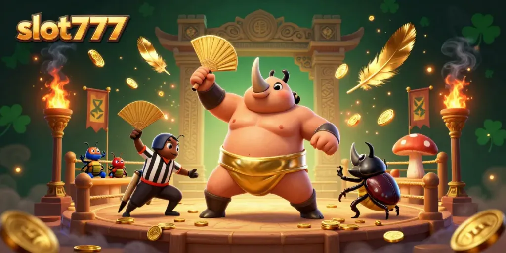 Menangkan slot777 dengan ilustrasi kasino bertema kekuatan, menghadirkan juara banteng rhinoceros yang menendang koin emas.