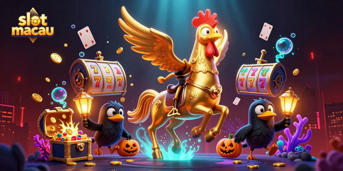 Experience the thrill of slot macau with a golden rooster and casino treasures in a vibrant 3D scene.