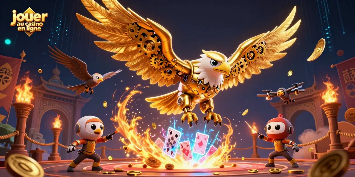 Jouer au casino en ligne avec l'aigle cybernétique s'illustre au milieu de cartes holographiques.
