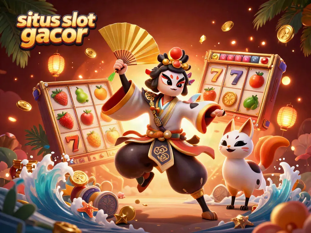 Ilustrasi 3D kabuki dan kitsune di situs slot gacor yang menarik dan beragam simbol slot.
