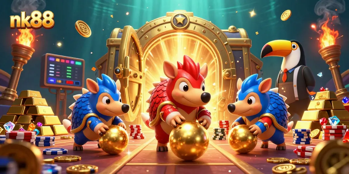 Nk88 pangolins competing in an exciting casino-themed bowling game with vibrant treasures.
