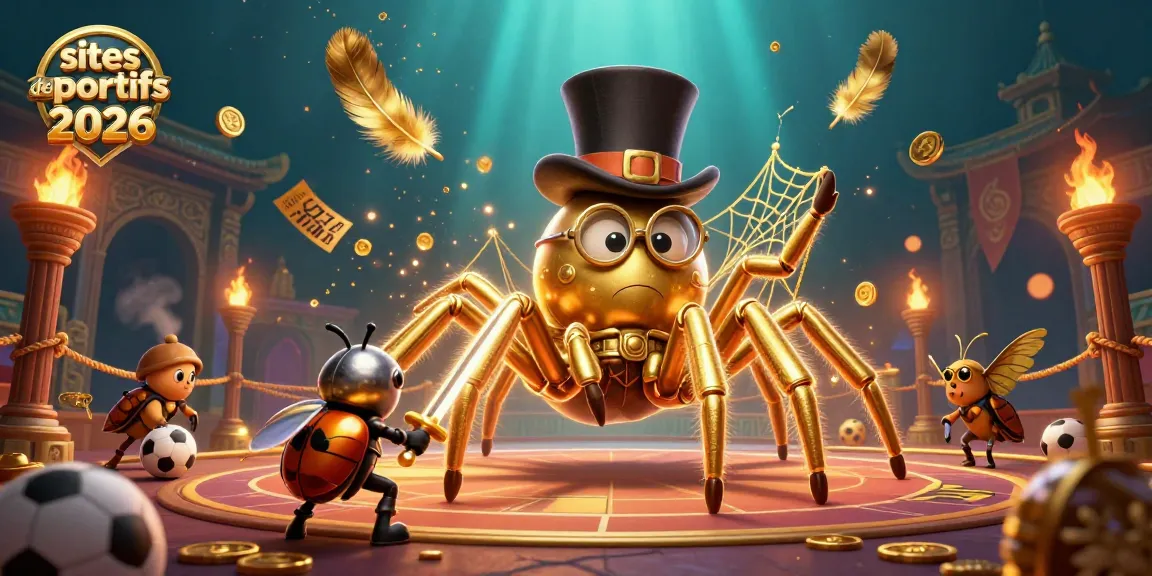 Illustration dynamique animée des sites de paris sportifs 2026 avec araignée dorée et chevalier insecte.