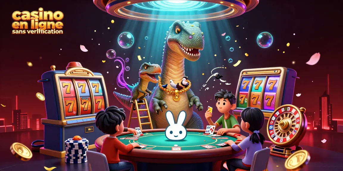 Découvrez le casino en ligne sans vérification avec un bronto et un raptor jouant aux cartes.