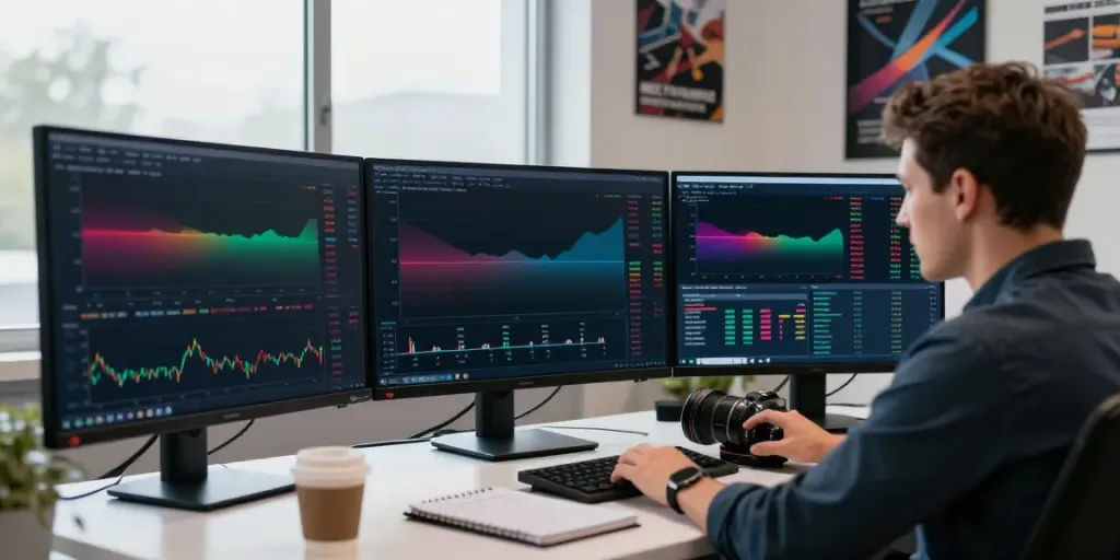 Trader using MetaTrader 5 in a modern financial workspace with multiple screens showing live data.