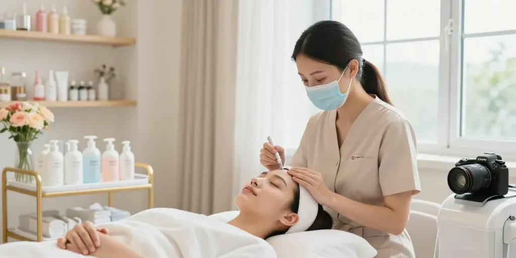 Experience Augenringe wegbekommen with professional treatment in a serene beauty studio.