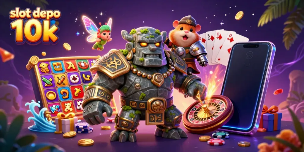 Slot depo 10k menggambarkan golem kuno, peri, dan kesatria, dikelilingi elemen permainan slot menarik.